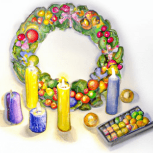 Couronne de l'Avent dans les tons vert, rouge et orangé avec une touche de rose, entourée de bougies, de boules de Noël, et d'une boîte de confiseries