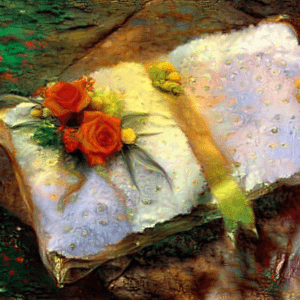 Composition florale dans les tons blanc, rouge et jaune, sur un support en forme de livre ouvert