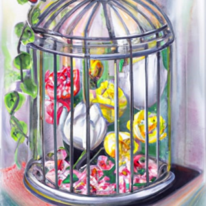 Composition florale dans les tons rose, jaune et blanc, réalisée dans une petite cage