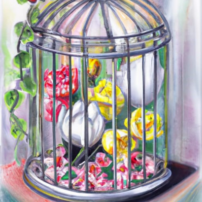 Composition florale dans les tons rose, jaune et blanc, réalisée dans une petite cage