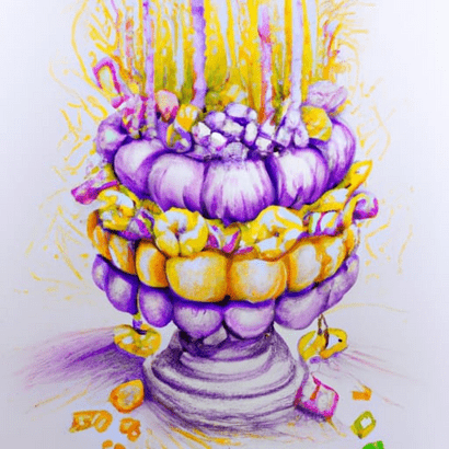Composition florale en forme de pièce montée dans les tons jaune, violet et rose
