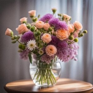 Bouquet de fleurs violettes et orange pâle dans un vase près d'une fenêtre