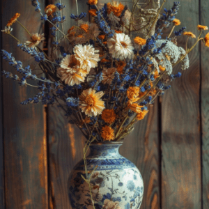 Bouquet de fleurs séchées dans les tons bleus, orange et blancs, dans un vase en porcelaine