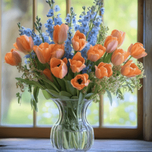 Bouquet de fleurs orange pâle et bleues dans un vase près d'une fenêtre