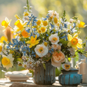 Bouquet de fleurs jaunes, blanches et bleues dans un vase sur une table de jardin