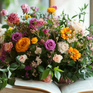 Bouquet de fleurs dans les tons roses, orange et violets sur un livre ouvert près d'une fenêtre