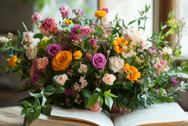 Bouquet de fleurs dans les tons roses, orange et violets sur un livre ouvert près d'une fenêtre